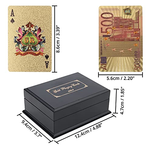 Kurtzy Cartas Poker de Pan de Oro - Juegos de Cartas Impermeables para Magia, Jugar Póquer y Juegos Familiares - Baraja Poker Profesional con Diseño de 500 Euros y Caja de Regalo