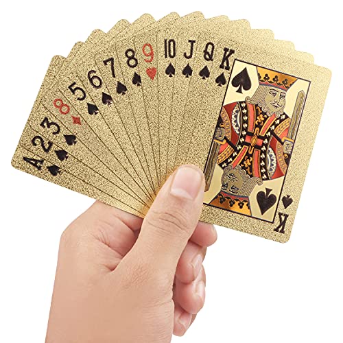 Kurtzy Cartas Poker de Pan de Oro - Juegos de Cartas Impermeables para Magia, Jugar Póquer y Juegos Familiares - Baraja Poker Profesional con Diseño de 500 Euros y Caja de Regalo