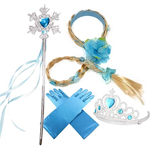 L-Peach 4Pcs Princesa Dress Up Accesorios Diadema Varita Mágica Guantes Trenza Azul para Halloween Carnaval Fiesta Cosplay