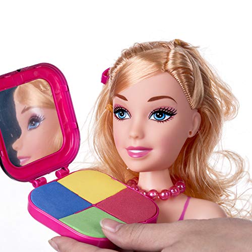 LAIKE Juego de simulación de Maquillaje 33 Piezas simulación de Dibujos Animados Cabeza de muñeca Peinado Juguete de Regalo Educativo con secador de Pelo para niñas