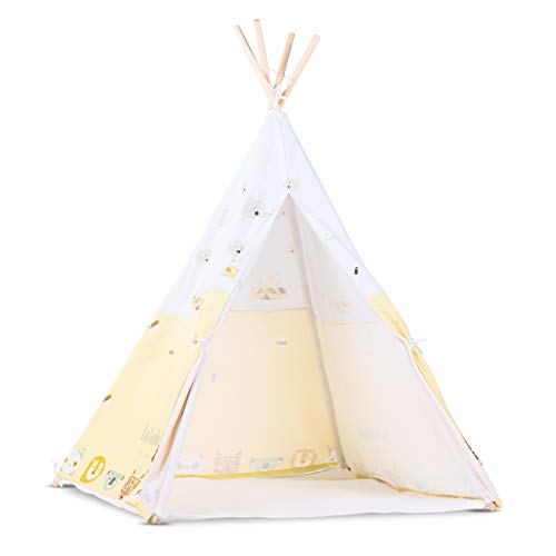 Lalaloom SAVANAH TIPI - Tipi para niños de tela (interior de algodón, juego de tienda, campaña infantil con dibujos de animales), 120x120x150 cm, color Amarillo/Blanco