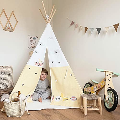 Lalaloom SAVANAH TIPI - Tipi para niños de tela (interior de algodón, juego de tienda, campaña infantil con dibujos de animales), 120x120x150 cm, color Amarillo/Blanco