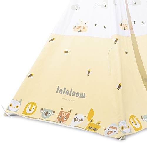 Lalaloom SAVANAH TIPI - Tipi para niños de tela (interior de algodón, juego de tienda, campaña infantil con dibujos de animales), 120x120x150 cm, color Amarillo/Blanco