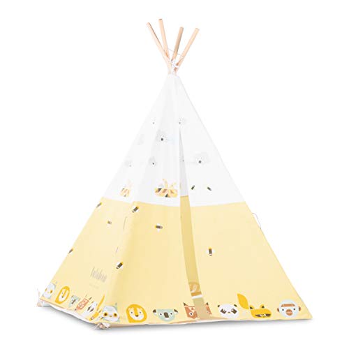 Lalaloom SAVANAH TIPI - Tipi para niños de tela (interior de algodón, juego de tienda, campaña infantil con dibujos de animales), 120x120x150 cm, color Amarillo/Blanco