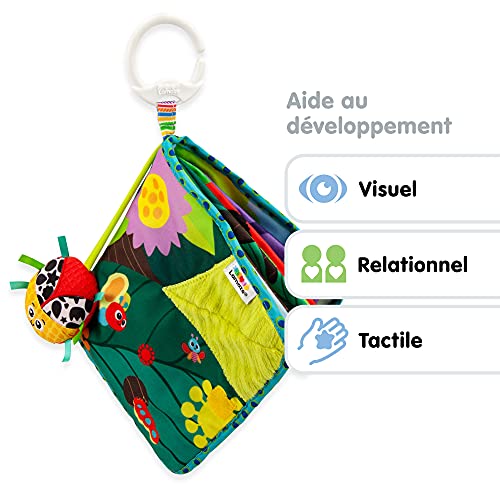 LAMAZE Tomy L27385 Bitty Bug Book, Clip en el Cochecito y el Cochecito recién Nacido, bebés sensoriales con Colores y Sonidos, Juguete de Desarrollo para niños y niñas de 0 Meses +, Multi