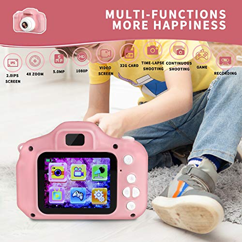 LANXUN Cámara Digital para 3-7 Años, Infantil Cámara de Fotos Juguete para Niños, 1080P Video Cámara Regalos Ideales para Niños Niñas con Tarjeta TF 32 GB