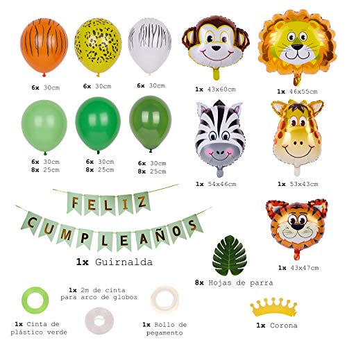 LaulaStyle Decoración Globos Cumpleaños En Español para niños. Set de Fiesta Selva Safari para Bebes.