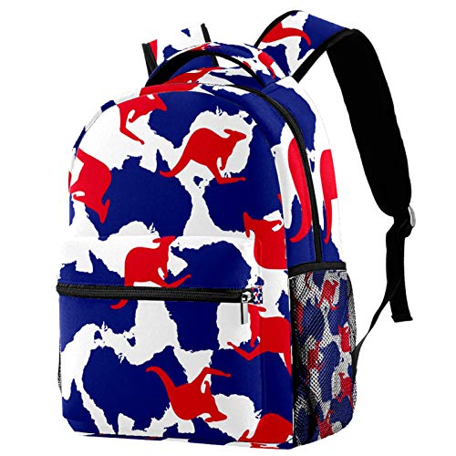 LAZEN Mochila informal Mochila de colegio y escuela secundaria Senderismo Camping Mochila azul Mapa de Australia Silueta de canguro rojo