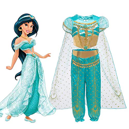 Le SSara Jasmine Princesa Traje para Niños Lentejuelas Halloween Aladdin Arabian Traje Conjunto Vestirpara para Las Niñas (110 (4-5 Years), D71-green)