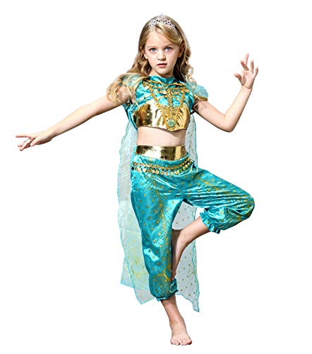 Le SSara Jasmine Princesa Traje para Niños Lentejuelas Halloween Aladdin Arabian Traje Conjunto Vestirpara para Las Niñas (110 (4-5 Years), D71-green)