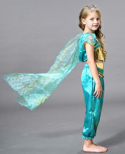 Le SSara Jasmine Princesa Traje para Niños Lentejuelas Halloween Aladdin Arabian Traje Conjunto Vestirpara para Las Niñas (110 (4-5 Years), D71-green)