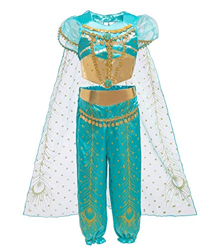 Le SSara Jasmine Princesa Traje para Niños Lentejuelas Halloween Aladdin Arabian Traje Conjunto Vestirpara para Las Niñas (110 (4-5 Years), D71-green)