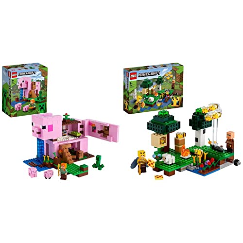 LEGO 21170 Minecraft Set de Construcción con Figuras de Alex y Creeper +  21165 Minecraft La Granja de Abejas, Set de Construcción con Figuras de Apicultora y Oveja