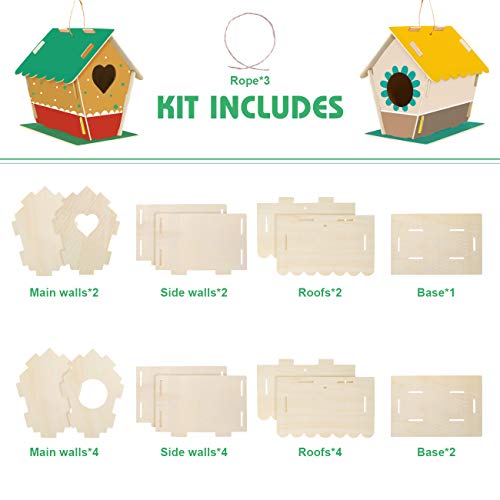 LEMESO Kit de pintura para niños para pintar herramientas accesorios 3 casas para pájaros madera modelos para construir juegos educativos actividades creativas