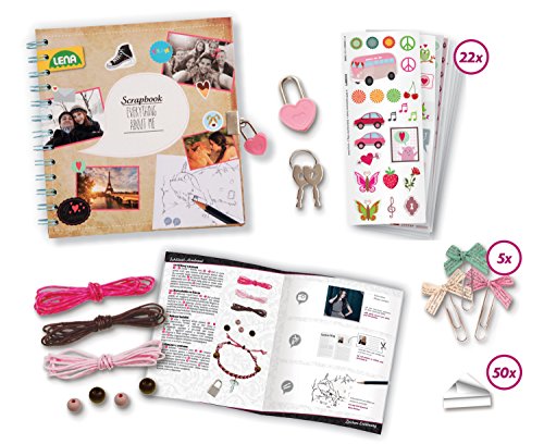 Lena 42331 Craft Scrapbook Grande, Completo con álbum, Cerradura, 22 Hojas con 370 Pegatinas, Esquinas de Fotos, Clips de Cinta y Accesorios para Pulseras, Set Creativo a Partir de 8 años, Multicolor