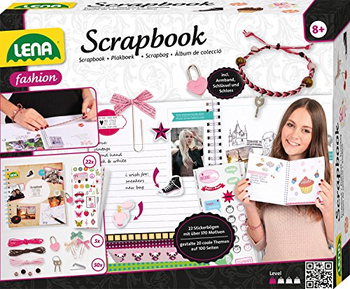 Lena 42331 Craft Scrapbook Grande, Completo con álbum, Cerradura, 22 Hojas con 370 Pegatinas, Esquinas de Fotos, Clips de Cinta y Accesorios para Pulseras, Set Creativo a Partir de 8 años, Multicolor