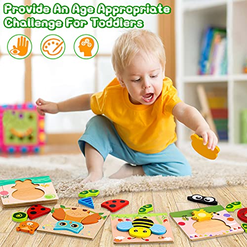 lenbest 6pcs Puzzle Madera Animales para Niños, Juguetes Bebes Puzzle de Madera, Puzzle con Fondo Apilable Colorido, Juego Educativo para Niños 3 4 5 6, Regalo de Cumpleaños/Navidad para Bebés/Niños