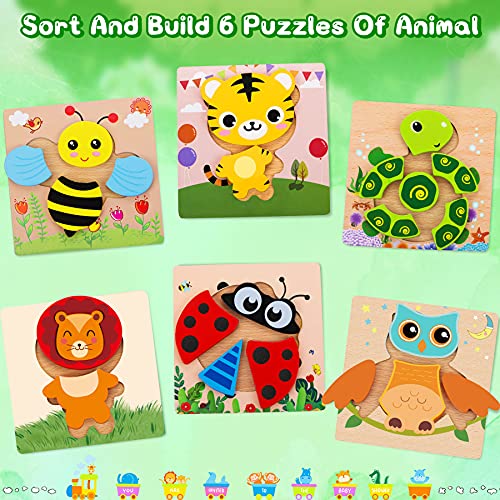 lenbest 6pcs Puzzle Madera Animales para Niños, Juguetes Bebes Puzzle de Madera, Puzzle con Fondo Apilable Colorido, Juego Educativo para Niños 3 4 5 6, Regalo de Cumpleaños/Navidad para Bebés/Niños