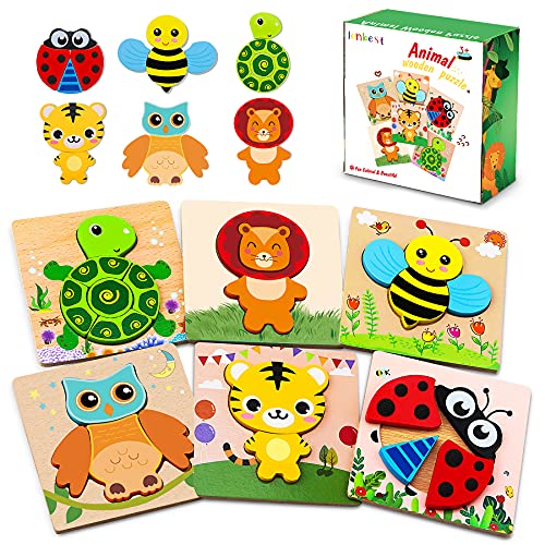 lenbest 6pcs Puzzle Madera Animales para Niños, Juguetes Bebes Puzzle de Madera, Puzzle con Fondo Apilable Colorido, Juego Educativo para Niños 3 4 5 6, Regalo de Cumpleaños/Navidad para Bebés/Niños