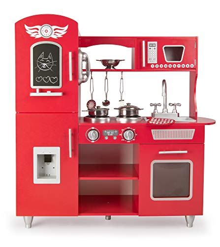 Leomark Big Red Grande Cocina Madera Infantil De Juguete - Color Rojo - Accesorios, para Niños, Cocinita con teléfono, Nevera, microondas, Utensilios de Metal, Pizarra, Altura: 89 cm