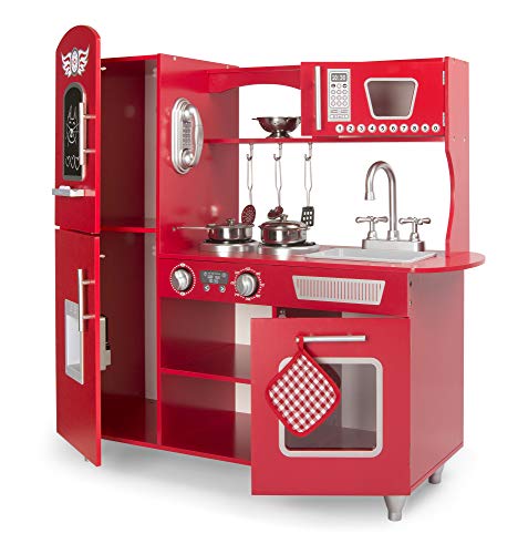 Leomark Big Red Grande Cocina Madera Infantil De Juguete - Color Rojo - Accesorios, para Niños, Cocinita con teléfono, Nevera, microondas, Utensilios de Metal, Pizarra, Altura: 89 cm