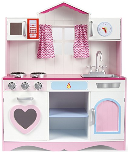 leomark Cocina Rose Play Cocina Madera Infantil de Juguete Accesorios, Efectos de luz y Sonido, para Niños y Niñas, Dimensión: 82x30x101 Ventana Cortinas Microonda Corazón