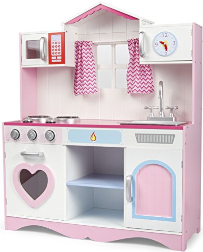 leomark Cocina Rose Play Cocina Madera Infantil de Juguete Accesorios, Efectos de luz y Sonido, para Niños y Niñas, Dimensión: 82x30x101 Ventana Cortinas Microonda Corazón