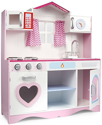 leomark Cocina Rose Play Cocina Madera Infantil de Juguete Accesorios, Efectos de luz y Sonido, para Niños y Niñas, Dimensión: 82x30x101 Ventana Cortinas Microonda Corazón