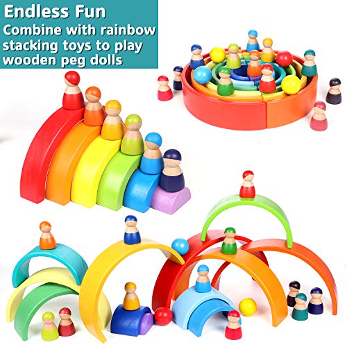 Lewo 12 Piezas Juguetes de Madera para Niños Pequeños Niñas Arco Iris Muñecas de Madera el Juego de Aparentar Figuras de Personas para Niños Pequeños Juguetes Educativos de Aprendizaje Preescolar