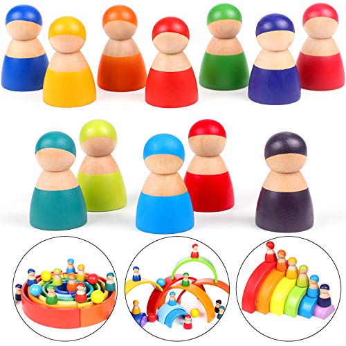 Lewo 12 Piezas Juguetes de Madera para Niños Pequeños Niñas Arco Iris Muñecas de Madera el Juego de Aparentar Figuras de Personas para Niños Pequeños Juguetes Educativos de Aprendizaje Preescolar