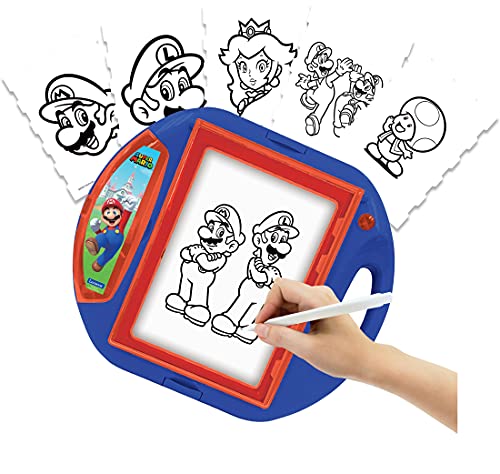 LEXIBOOK- Super Mario Proyector de Dibujo, 4 Sellos, 10 Plantillas, Pantalla Luminosa, 1 rotulador Incluido, Juguete artístico y Creativo, Rojo/Azul