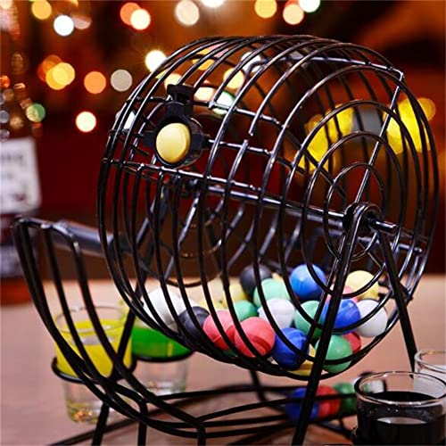 LHK Juego de Juegos de Bingo portátil, Divertido Juego de Beber, Jaula de Metal con Bolas de Colores y Vaso de chupito, Juegos de Grupo Grande para Adultos en casa, Fiesta, Pub, Negro