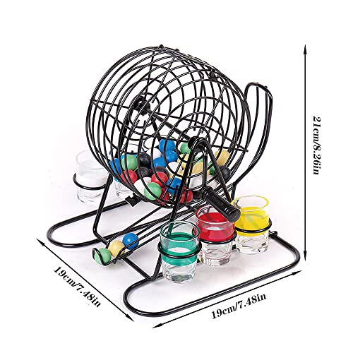 LHK Juego de Juegos de Bingo portátil, Divertido Juego de Beber, Jaula de Metal con Bolas de Colores y Vaso de chupito, Juegos de Grupo Grande para Adultos en casa, Fiesta, Pub, Negro