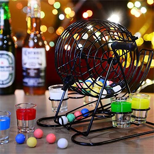 LHK Juego de Juegos de Bingo portátil, Divertido Juego de Beber, Jaula de Metal con Bolas de Colores y Vaso de chupito, Juegos de Grupo Grande para Adultos en casa, Fiesta, Pub, Negro