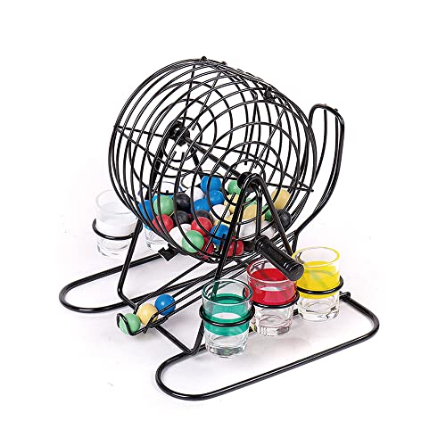 LHK Juego de Juegos de Bingo portátil, Divertido Juego de Beber, Jaula de Metal con Bolas de Colores y Vaso de chupito, Juegos de Grupo Grande para Adultos en casa, Fiesta, Pub, Negro