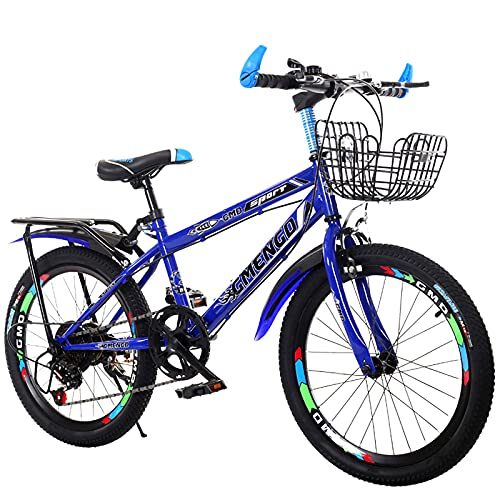 LICHUXIN Bicicletas para Niños 20/22 Pulgadas Y 7 Velocidades, Bicicletas Campo Traviesa para Niños Niñas Y Adolescentes, Cuadro De Acero Al Carbono Y Canasta para Bicicletas, Azul,22"