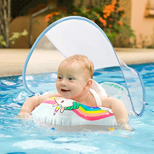 Lightaling Flotador Hinchable Bebé, Piscina Barco Inflable Flotador con Toldo, Anillo de Natación Baby Swim Float para Bebés Niños de 3 Meses y Más，L