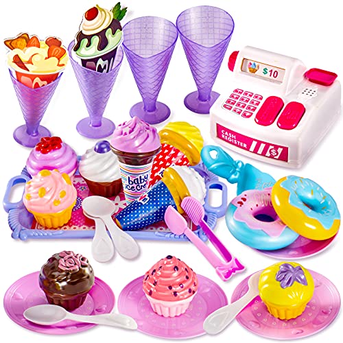 LINFUN KIDS Juguete Cocina Tienda Helados de Juguete con Caja Registradora Utensilios de Cocina Alimentos Juego de Imitacion para Niños Niñas