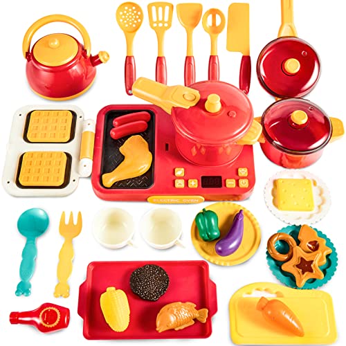 LINFUN KIDS Utensilios Cocina Comida Juguete para Niños, Placa de Inducción Simulación Ollas y Sartenes Juguete, Juego de Imitacion para Niños Niñas 3 4 5 Años