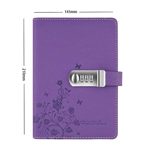 Lirener Recargable Cuaderno de Cuero PU Notebook Personal planificador Diario Organizador(Mariposa y Patrón de Flor), A5 Contraseña Bloc de Notas con Cerradura de combinación, 210x145mm