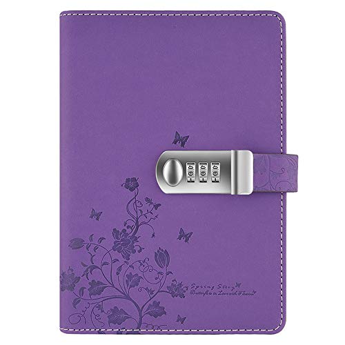 Lirener Recargable Cuaderno de Cuero PU Notebook Personal planificador Diario Organizador(Mariposa y Patrón de Flor), A5 Contraseña Bloc de Notas con Cerradura de combinación, 210x145mm