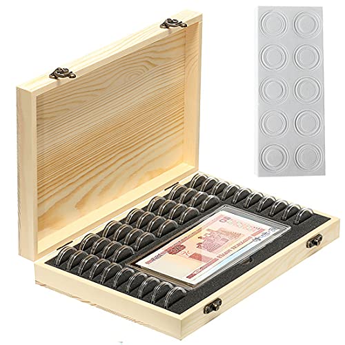 Litensh Estuche de madera para monedas, caja de colección de monedas con 40 cápsulas redondas de monedas, 100 cajas de billetes, organizador de monedas de plástico para coleccionistas de monedas de