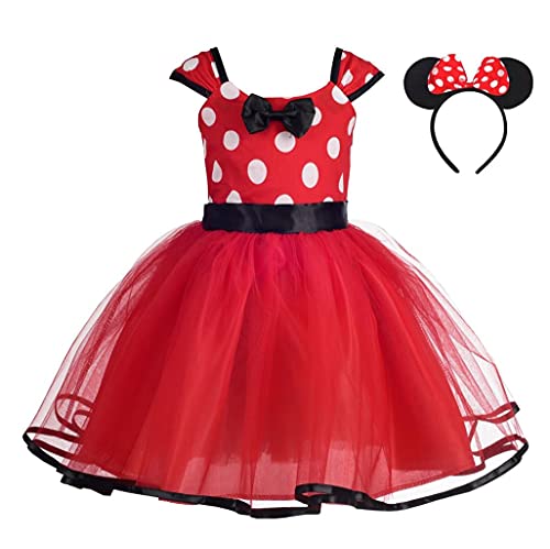 Lito Angels Disfraz de Minnie Mouse para Niña con Orejas de Ratón Aro de Pelo, Vestido de Tul con Lunares, Talla 2-3 años, Rojo