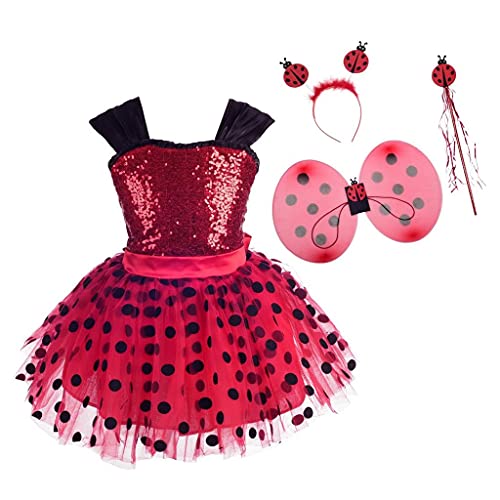 Lito Angels Vestido de Ladybug con Alas y Accesorios para Niña Disfraz de Mariquita Falda Tutu de Lunares Rojos Talla 2-3 Años