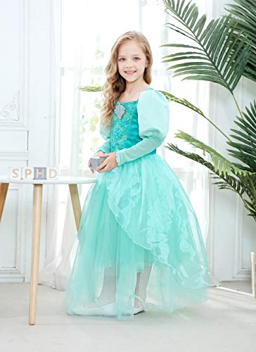 Lito Angels Vestido de Princesa Sirena Ariel Jazmin para Niñas Disfraz de Halloween Carnaval Fiesta de Cumpleaños Talla 5-6 años Verde, Manga Larga