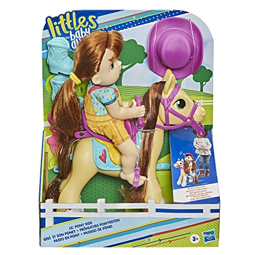 Littles by Baby Alive, Lil' Pony Ride, Little Mandy Muñeca y Pony con Push-Stick, Accesorios, Juguete de Pelo marrón para niños de 3 años en adelante