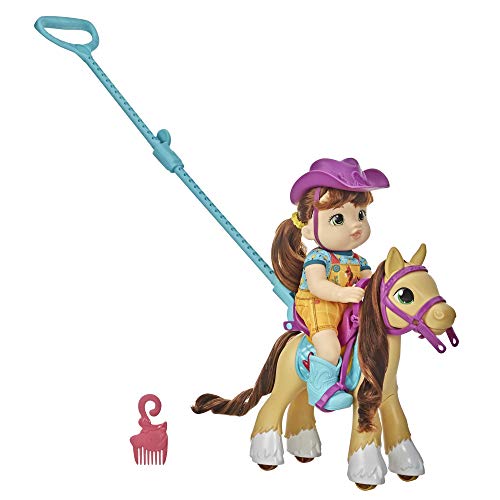 Littles by Baby Alive, Lil' Pony Ride, Little Mandy Muñeca y Pony con Push-Stick, Accesorios, Juguete de Pelo marrón para niños de 3 años en adelante