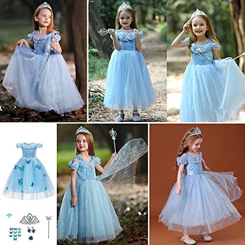 LiUiMiY Vestido de Princesa Disfraz Niña Tul Rosa para Carnaval Cumpleaños Cosplay Halloween Fiesta 2-8 años con accesorios, Azul, 116-122 (etiqueta 120)