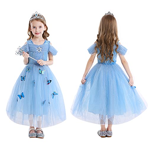 LiUiMiY Vestido de Princesa Disfraz Niña Tul Rosa para Carnaval Cumpleaños Cosplay Halloween Fiesta 2-8 años con accesorios, Azul, 116-122 (etiqueta 120)