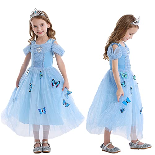 LiUiMiY Vestido de Princesa Disfraz Niña Tul Rosa para Carnaval Cumpleaños Cosplay Halloween Fiesta 2-8 años con accesorios, Azul, 116-122 (etiqueta 120)